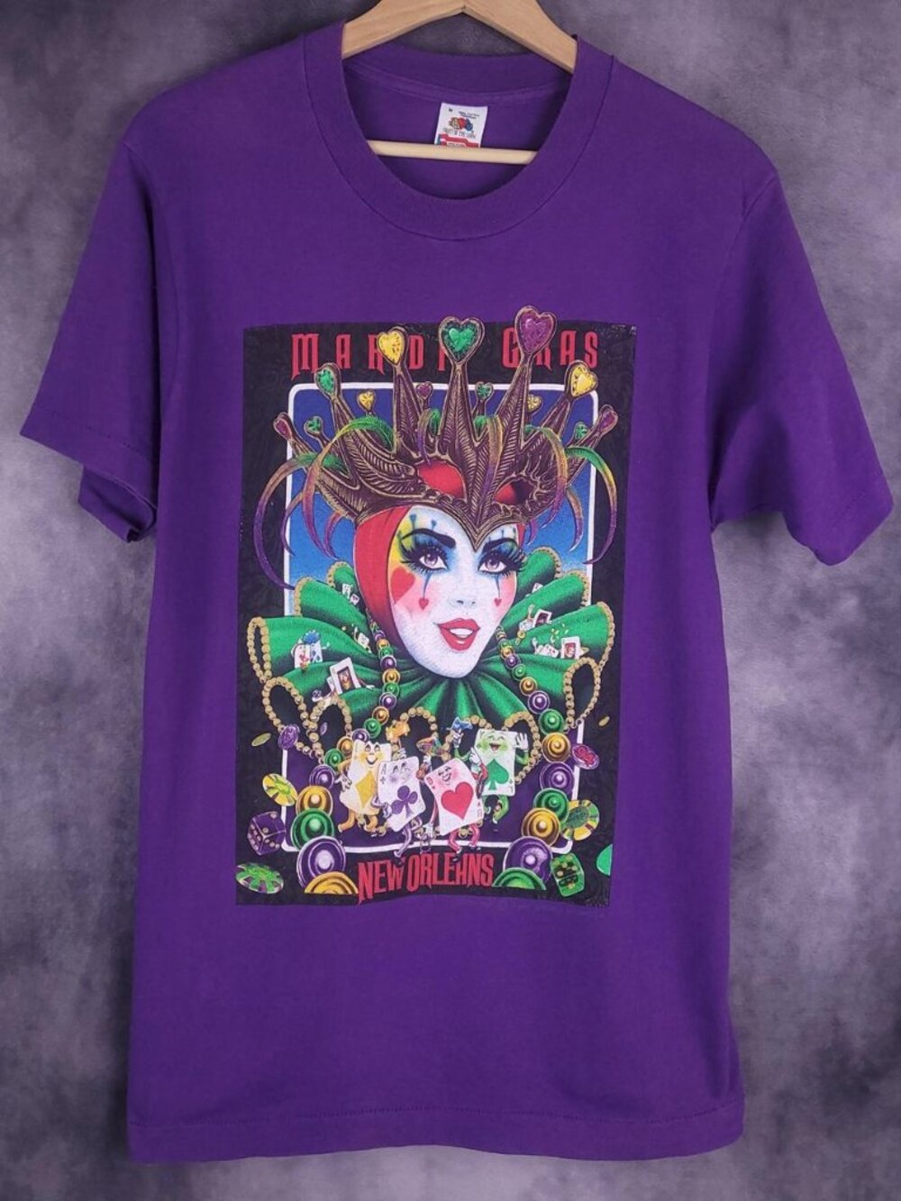 Vintage 90s purple Mardi Gras New Orleans harlequin clown babe tee